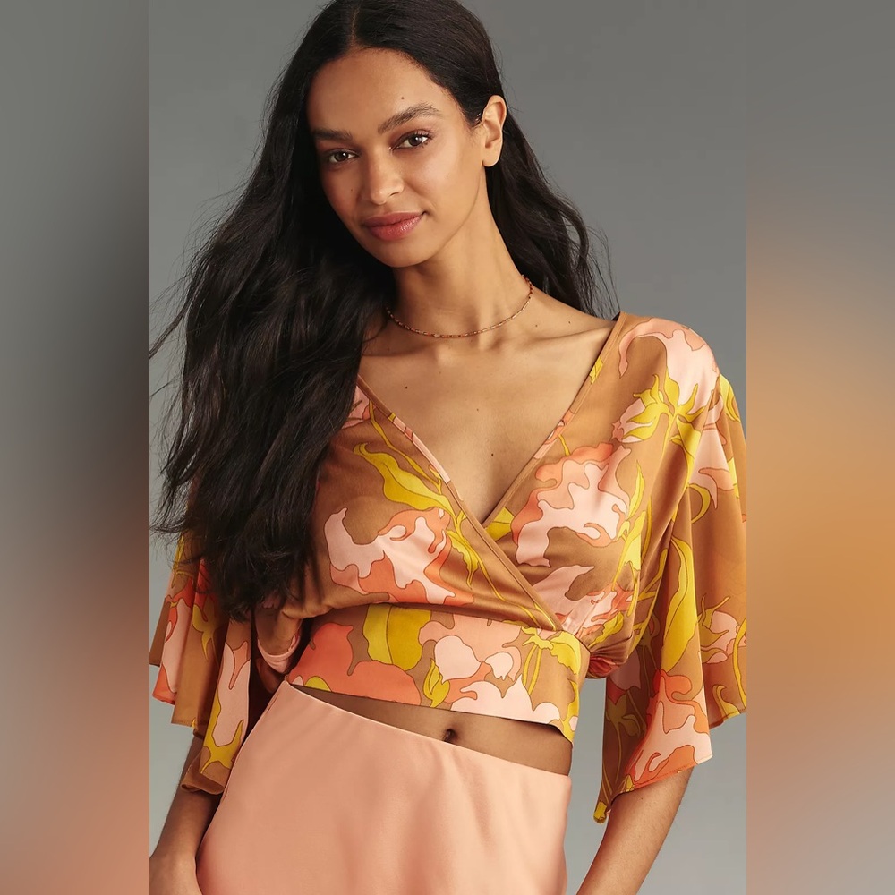 Anthropologie Tiny Olympia Faux-Wrap Floral Orange Pink Top MEDIUm BOHO Fairy